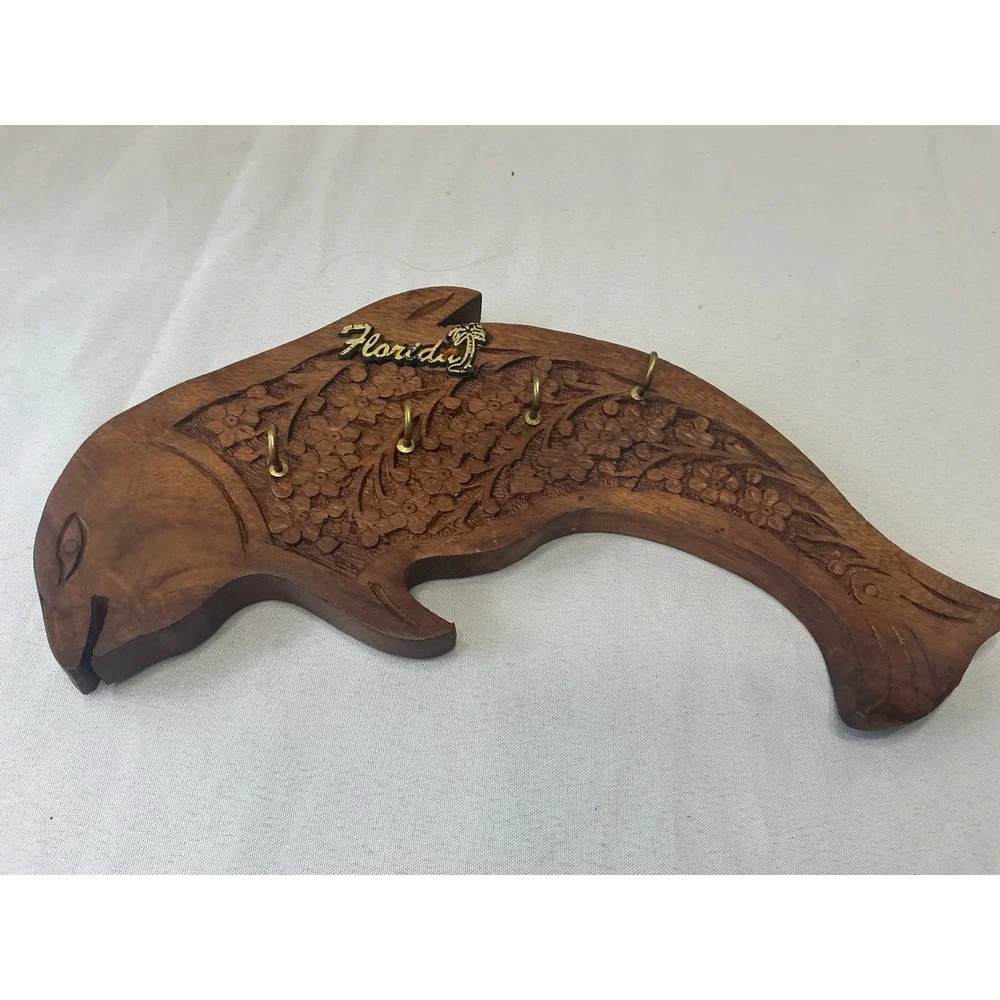 Vintage Florida Souvenir Hand Carved Wood Dolphin Key Rack Wall Mount 4 Hooks